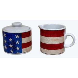 1997 Sakura Warren Kimble Colonial American Flag Creamer and Sugar with Lid